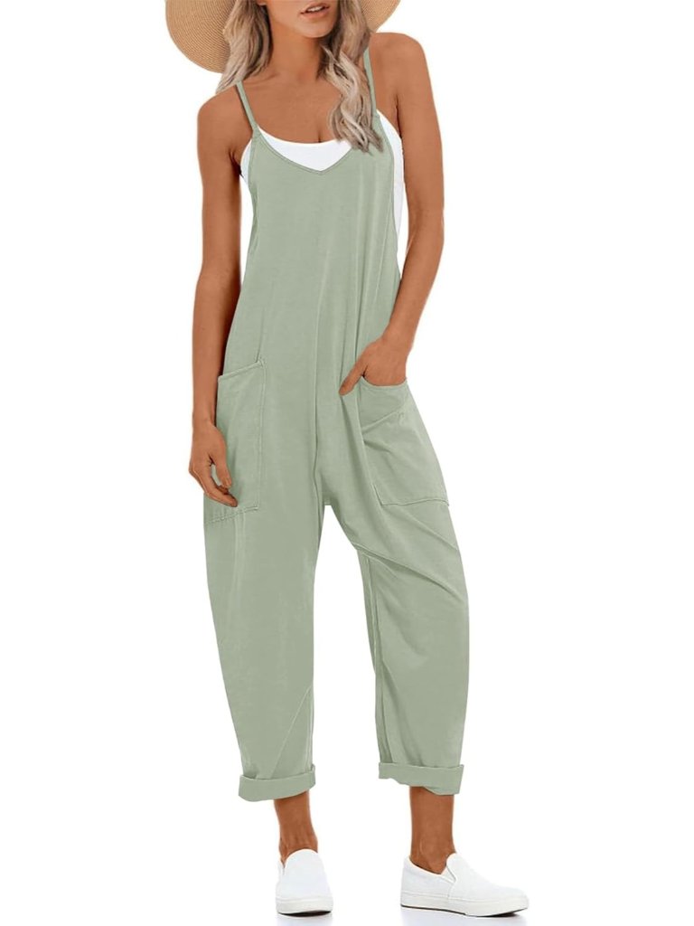 Women's Green Summer V Neck Sleeveless Adjustable Straps With 2 Pockets Rompers